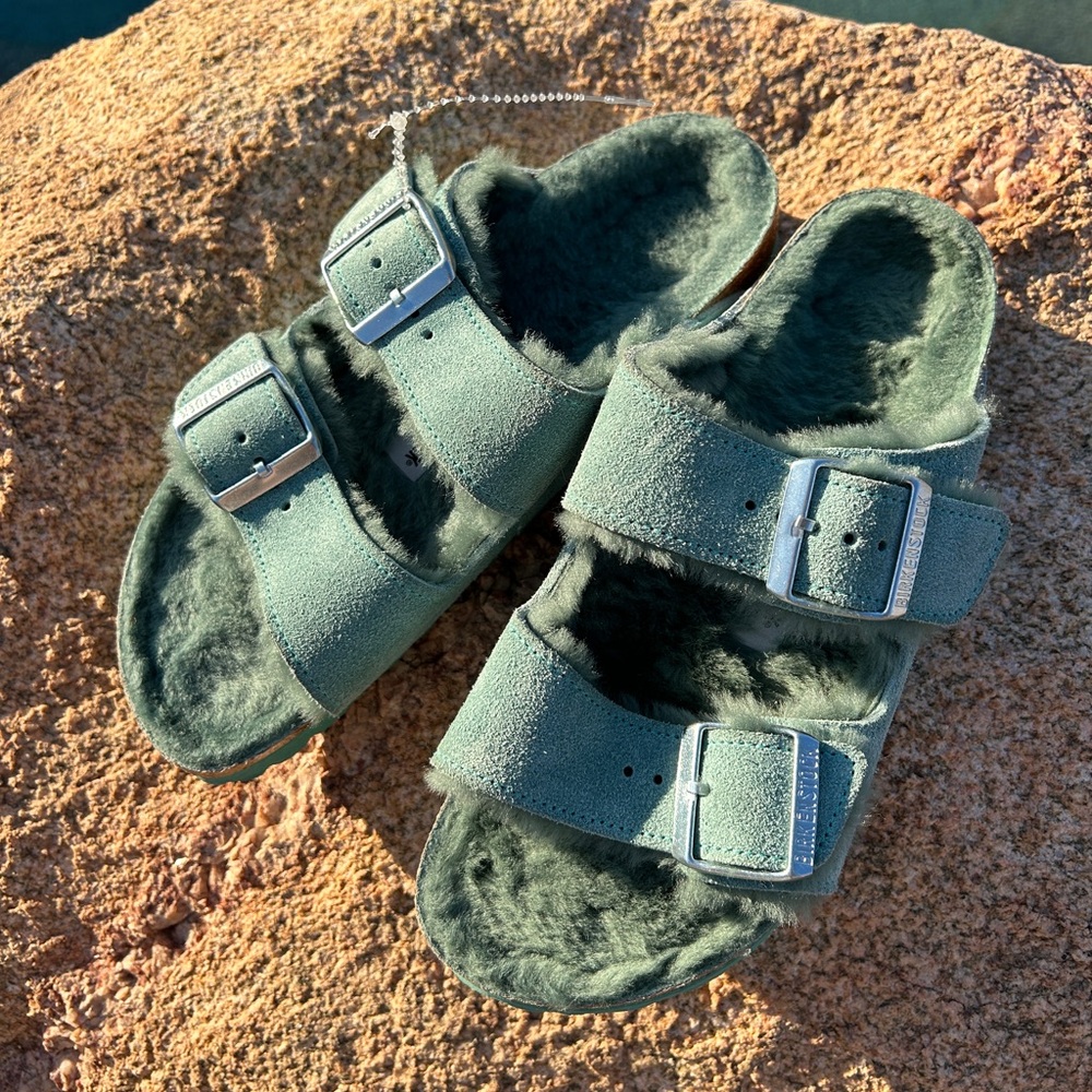 Birkenstock Arizona Shearling Leather Suede Slippers Clogs Mules Rose Fog